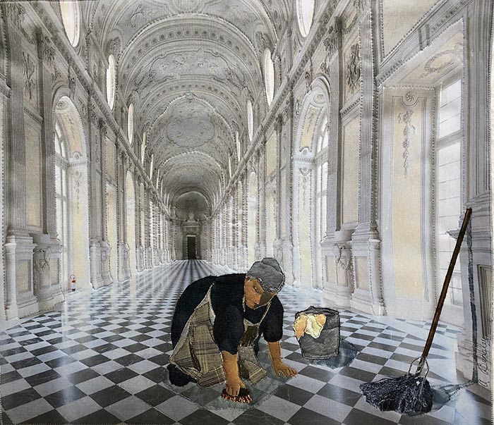 Woman cleans the floor of a palatial gallery. By Alice Beasley