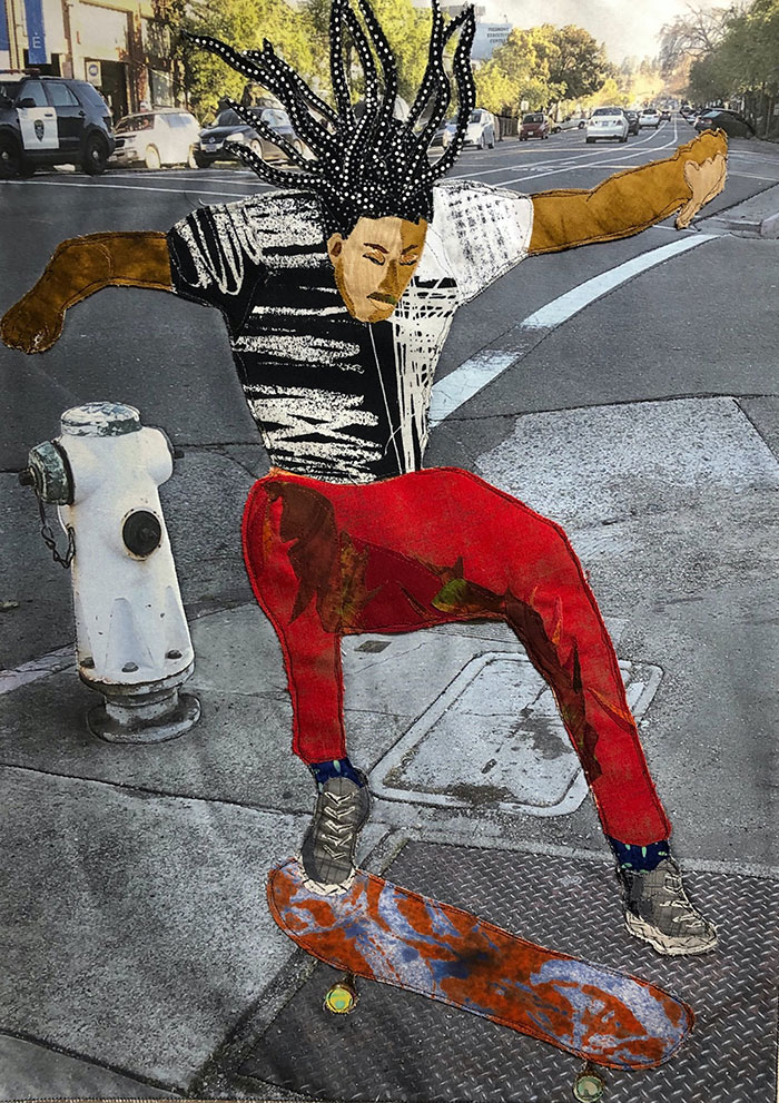 Fabric art of skate boarder with street scene behind by Alice Beasley
